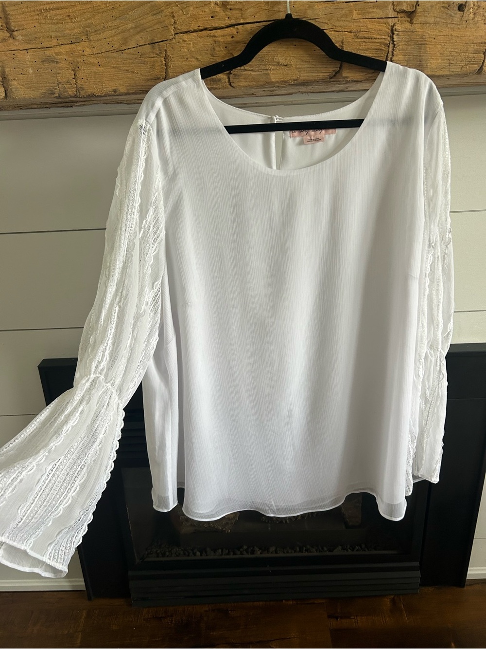 White Lace-Sleeve Blouse with Scoop Neck